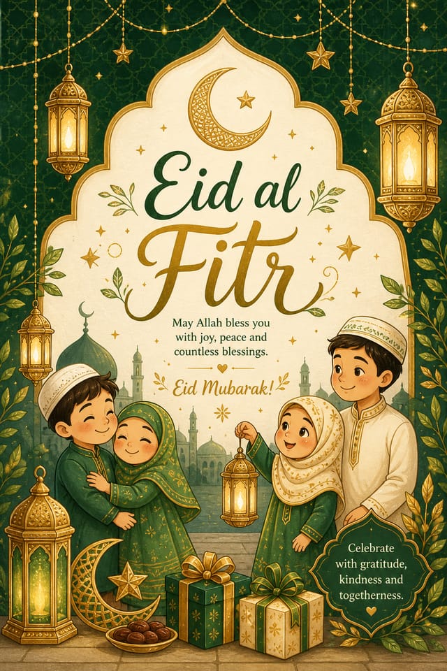 Eid al — illustration style card design, featuring crescent moon, lanterns, gold and green palette, Islamic geometric patterns, festive ornaments
