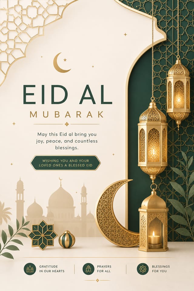 Eid al — modern style card design, featuring crescent moon, lanterns, gold and green palette, Islamic geometric patterns, festive ornaments