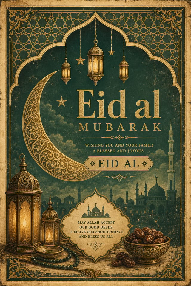 Eid al — vintage style card design, featuring crescent moon, lanterns, gold and green palette, Islamic geometric patterns, festive ornaments
