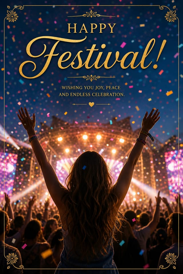 Festival Card — photo-realistic style card design, featuring crowd cheering, stage lights, vibrant celebration imagery
