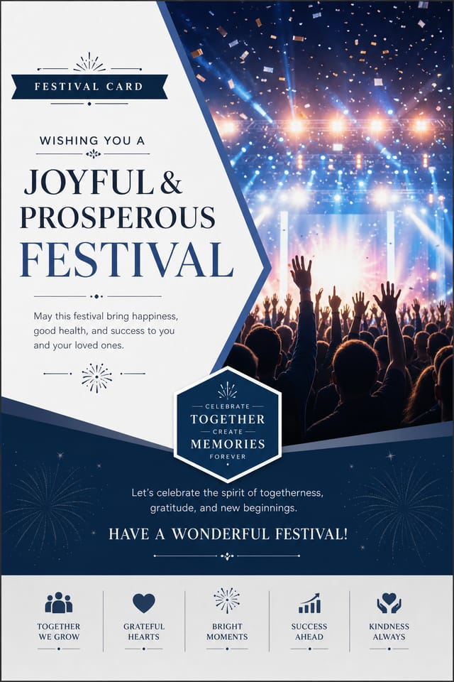 Festival Card — corporate style card design, featuring crowd cheering, stage lights, vibrant celebration imagery