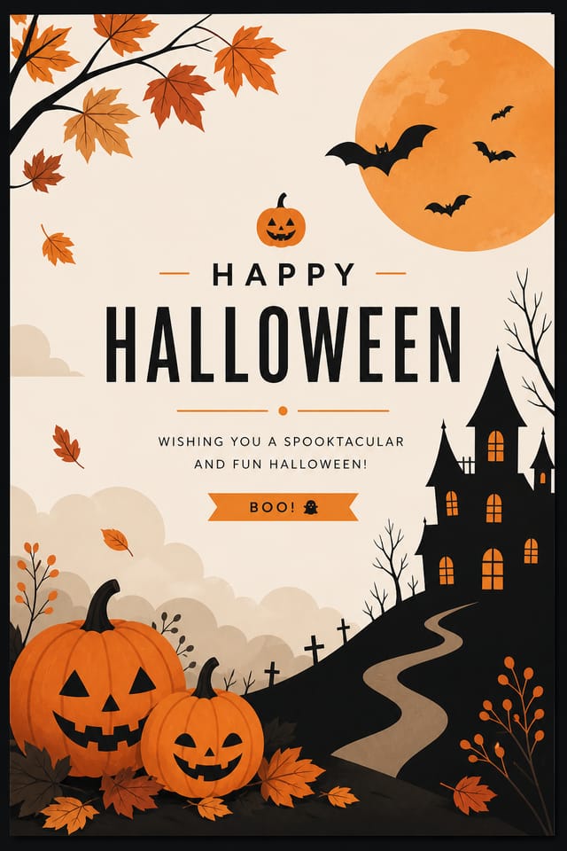 Halloween Card — modern style card design, featuring pumpkins, autumn leaves, orange and black palette, spooky silhouettes