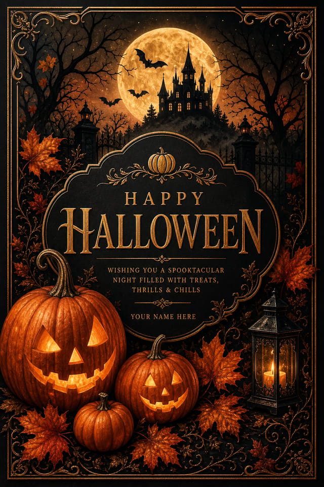 Halloween Card — elegant style card design, featuring pumpkins, autumn leaves, orange and black palette, spooky silhouettes