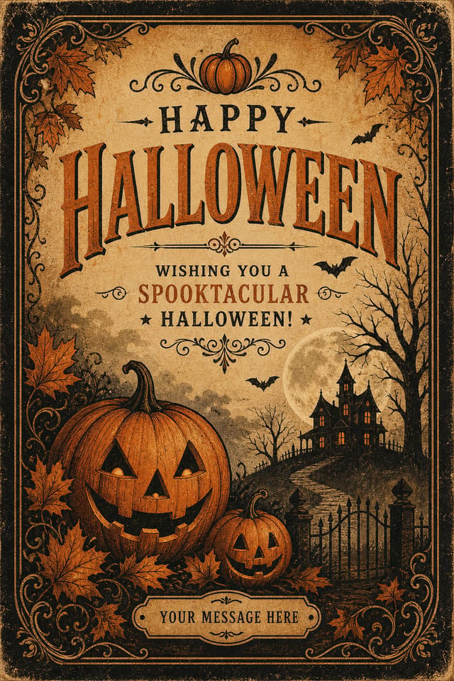 Halloween Card — vintage style card design, featuring pumpkins, autumn leaves, orange and black palette, spooky silhouettes