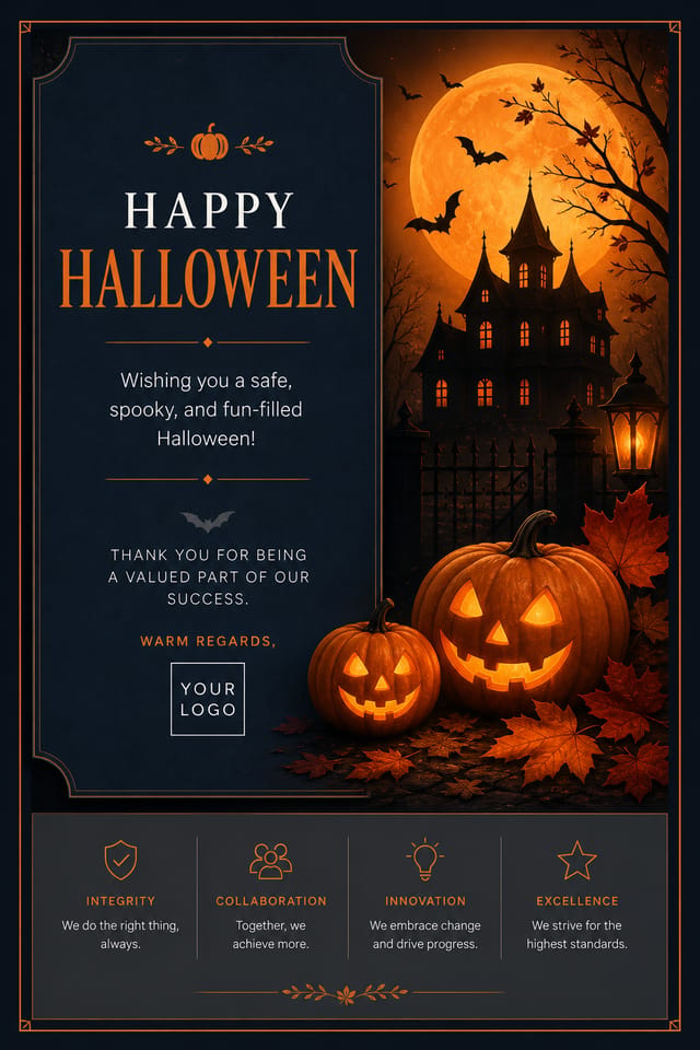 Halloween Card — corporate style card design, featuring pumpkins, autumn leaves, orange and black palette, spooky silhouettes