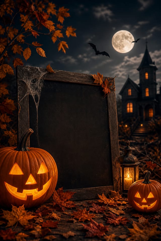 Halloween Card — photo-realistic style card design, featuring pumpkins, autumn leaves, orange and black palette, spooky silhouettes