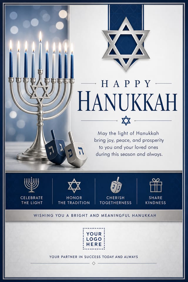 Hanukkah Card — corporate style card design, featuring menorah candles, Star of David, blue and silver palette, dreidels