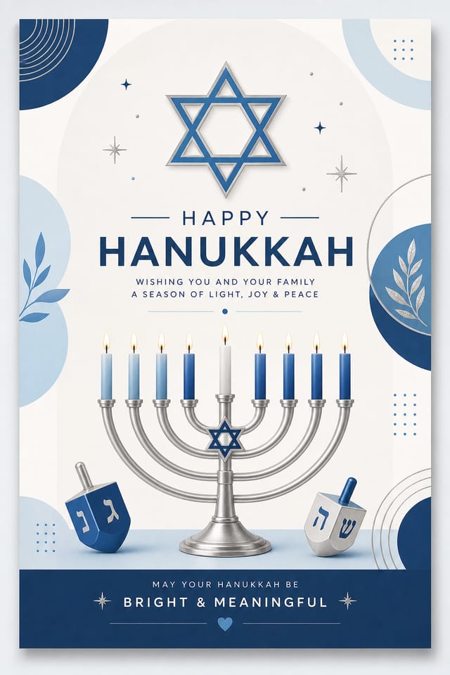 Hanukkah Card — modern style card design, featuring menorah candles, Star of David, blue and silver palette, dreidels