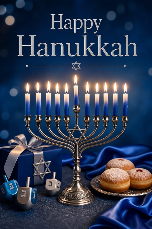 Hanukkah Card — photo-realistic style card design, featuring menorah candles, Star of David, blue and silver palette, dreidels