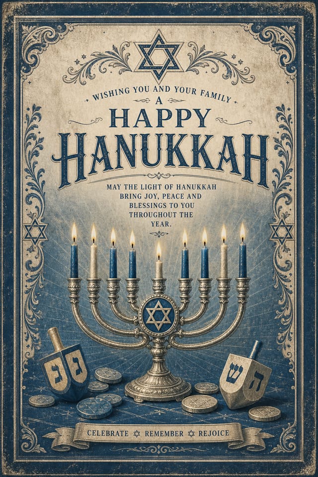 Hanukkah Card — vintage style card design, featuring menorah candles, Star of David, blue and silver palette, dreidels