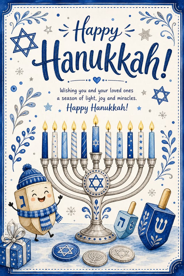 Hanukkah Card — illustration style card design, featuring menorah candles, Star of David, blue and silver palette, dreidels