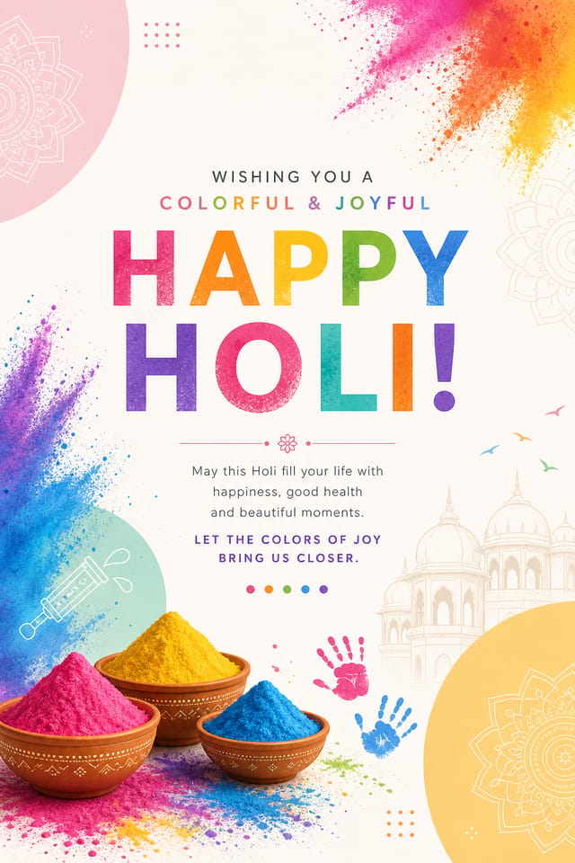 Holi Card — modern style card design, featuring vibrant color powder splashes, joyful imagery, rainbow palette, traditional Indian motifs
