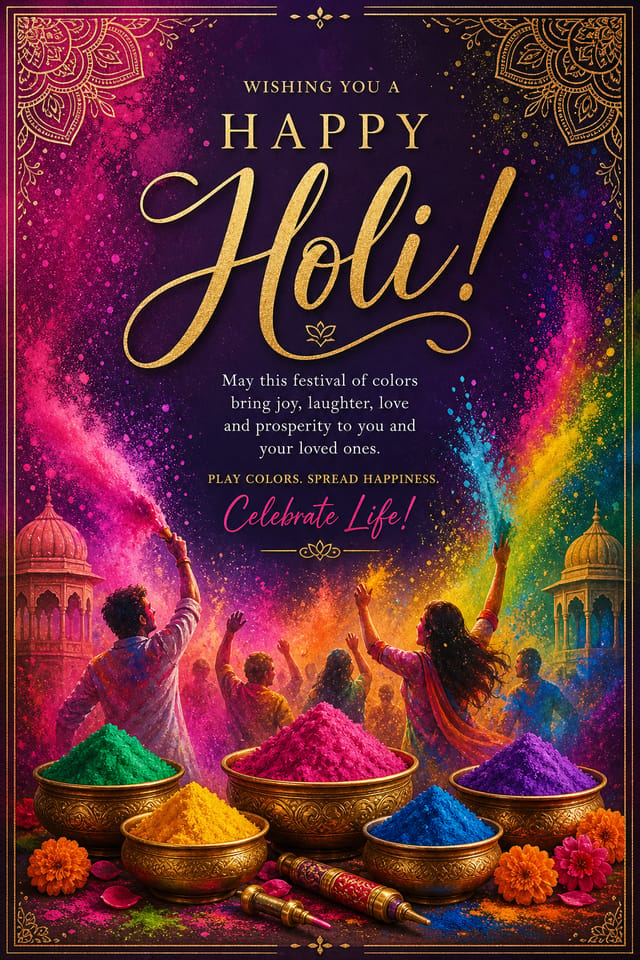 Holi Card — elegant style card design, featuring vibrant color powder splashes, joyful imagery, rainbow palette, traditional Indian motifs