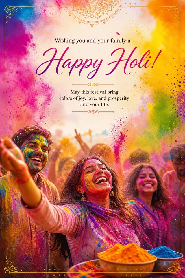 Holi Card — photo-realistic style card design, featuring vibrant color powder splashes, joyful imagery, rainbow palette, traditional Indian motifs