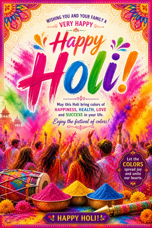 Holi Card — vibrant style card design, featuring vibrant color powder splashes, joyful imagery, rainbow palette, traditional Indian motifs