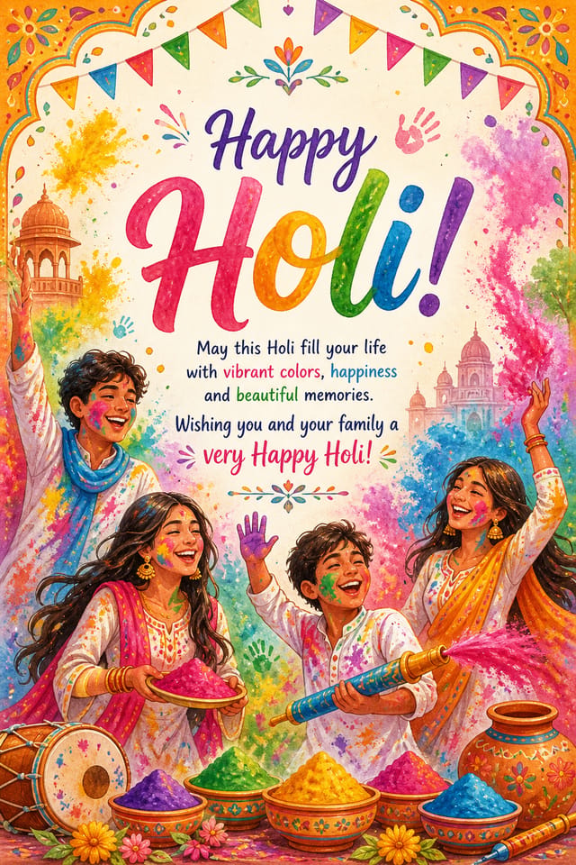 Holi Card — illustration style card design, featuring vibrant color powder splashes, joyful imagery, rainbow palette, traditional Indian motifs
