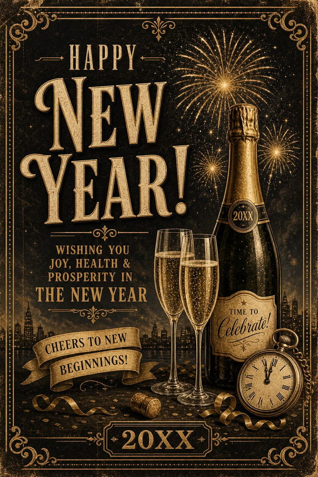 New Year Card — vintage style card design, featuring fireworks, champagne, gold and black palette, celebratory typography