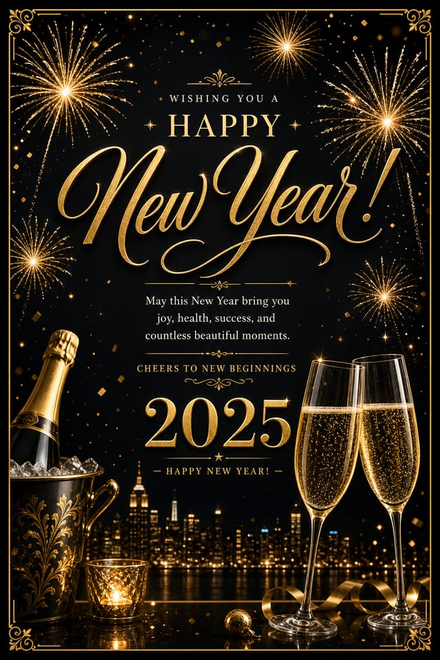 New Year Card — elegant style card design, featuring fireworks, champagne, gold and black palette, celebratory typography