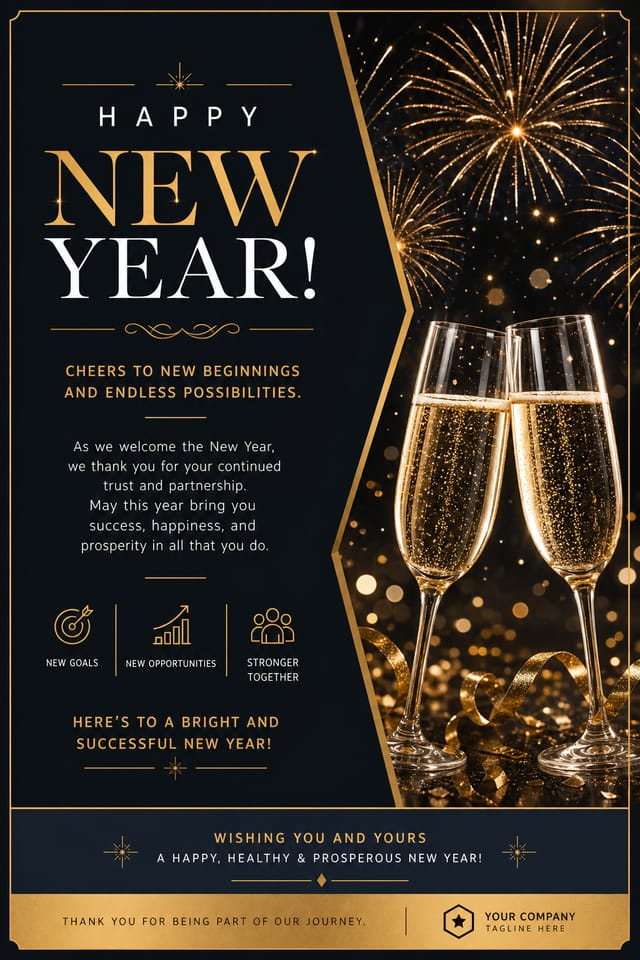 New Year Card — corporate style card design, featuring fireworks, champagne, gold and black palette, celebratory typography