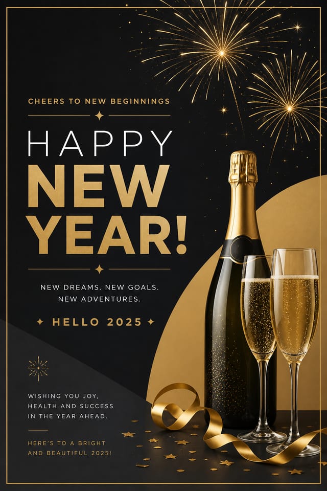 New Year Card — modern style card design, featuring fireworks, champagne, gold and black palette, celebratory typography