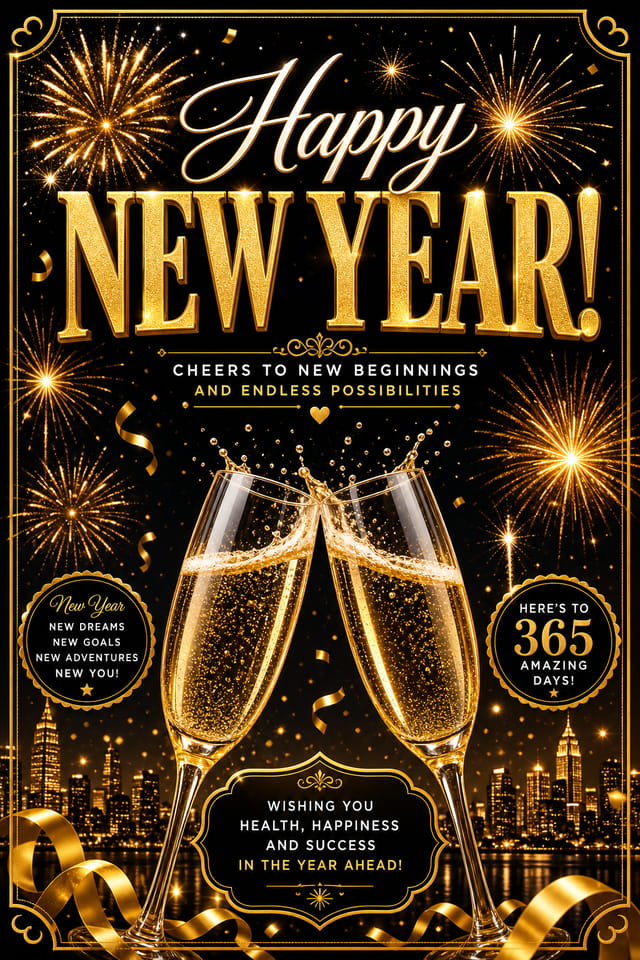 New Year Card — vibrant style card design, featuring fireworks, champagne, gold and black palette, celebratory typography