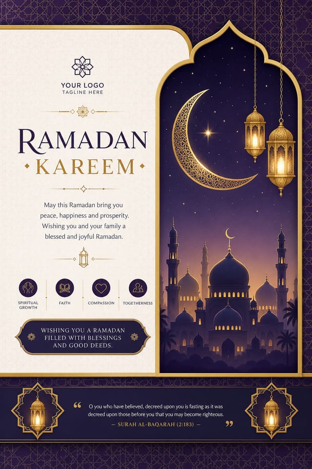 Ramadan Card — corporate style card design, featuring crescent moon, lanterns, mosque silhouettes, gold and purple palette, Islamic geometric patterns