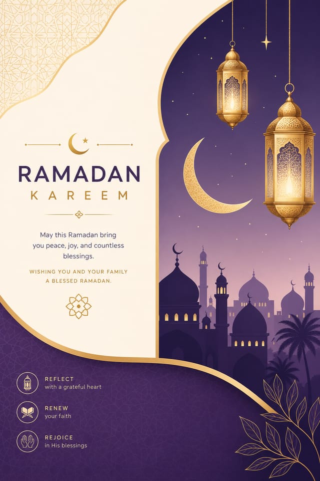 Ramadan Card — modern style card design, featuring crescent moon, lanterns, mosque silhouettes, gold and purple palette, Islamic geometric patterns
