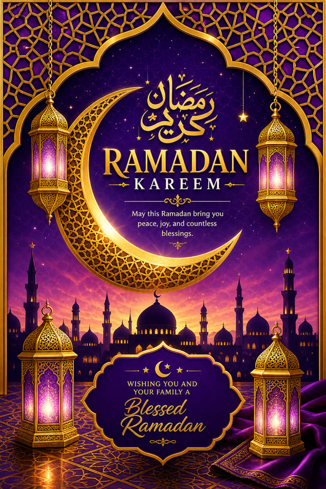 Ramadan Card — vibrant style card design, featuring crescent moon, lanterns, mosque silhouettes, gold and purple palette, Islamic geometric patterns