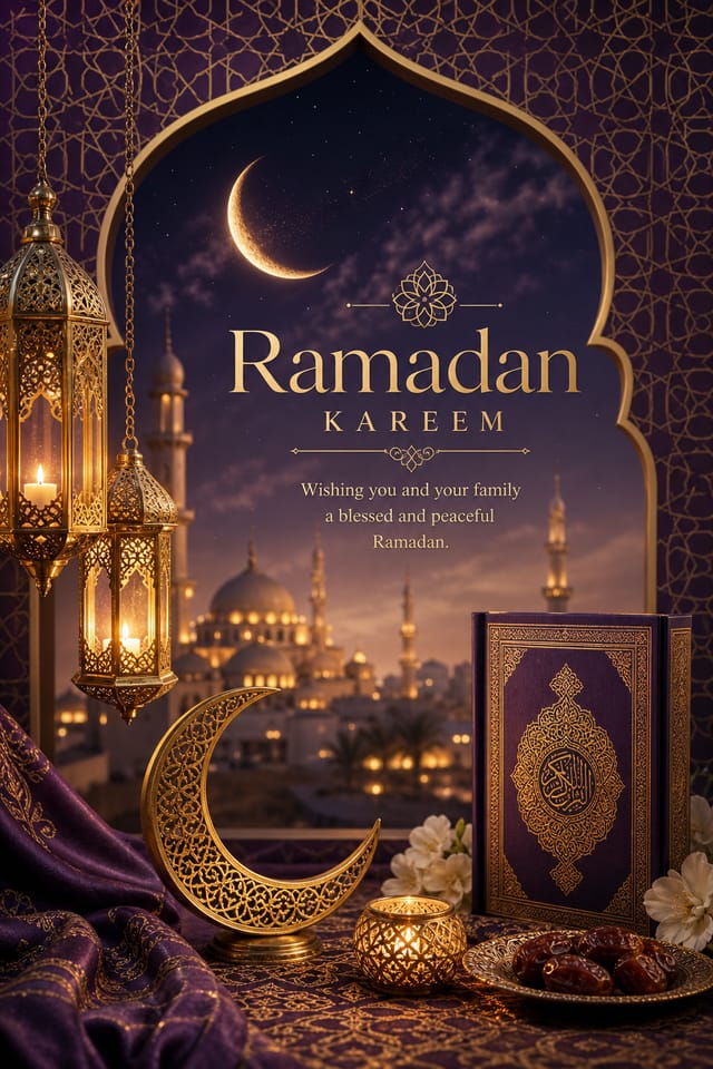 Ramadan Card — photo-realistic style card design, featuring crescent moon, lanterns, mosque silhouettes, gold and purple palette, Islamic geometric patterns