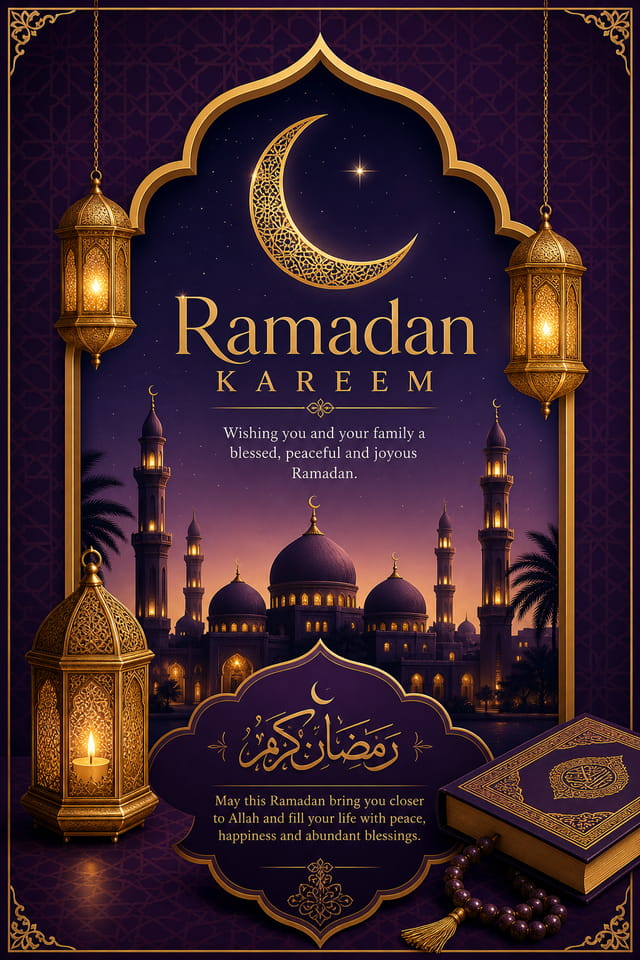Ramadan Card — elegant style card design, featuring crescent moon, lanterns, mosque silhouettes, gold and purple palette, Islamic geometric patterns