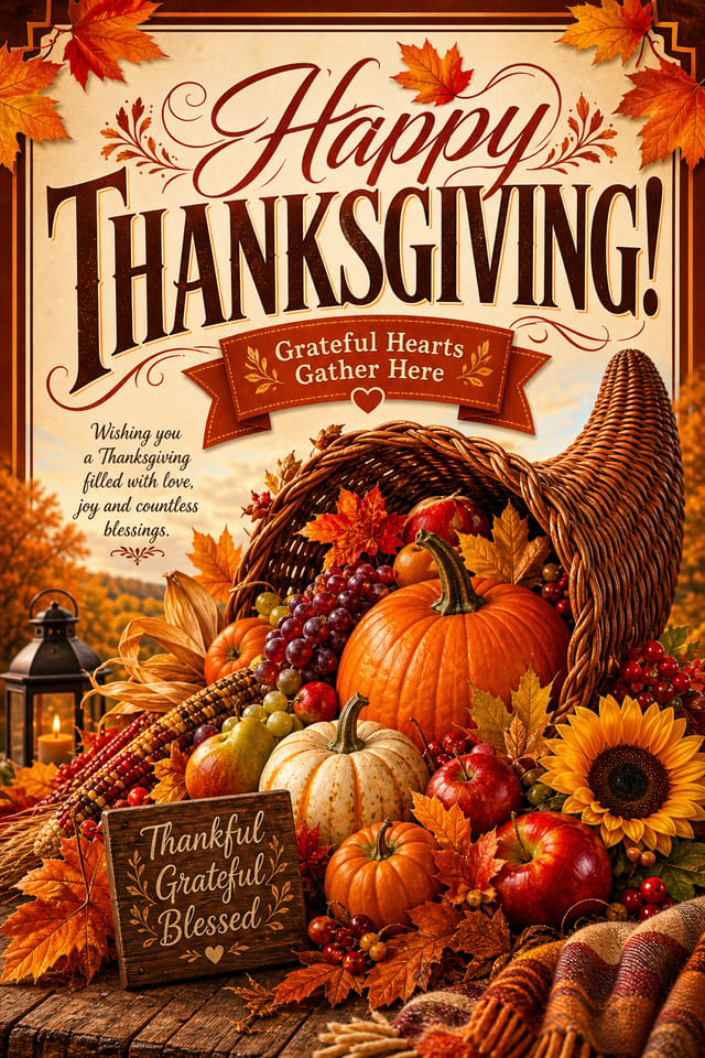 Thanksgiving Card — vibrant style card design, featuring autumn harvest, pumpkins, fall leaves, warm browns and oranges, cornucopia