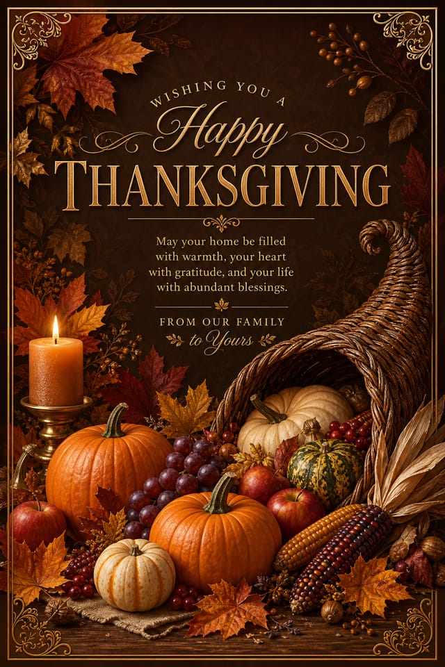 Thanksgiving Card — elegant style card design, featuring autumn harvest, pumpkins, fall leaves, warm browns and oranges, cornucopia