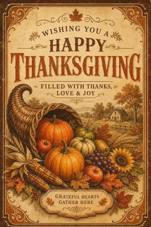 Thanksgiving Card — vintage style card design, featuring autumn harvest, pumpkins, fall leaves, warm browns and oranges, cornucopia
