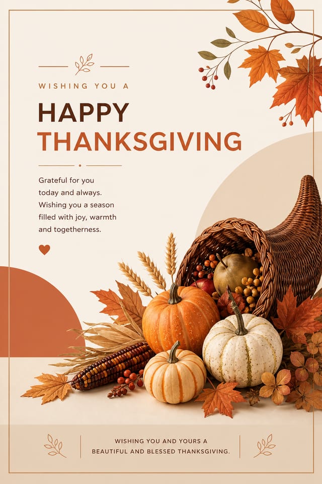 Thanksgiving Card — modern style card design, featuring autumn harvest, pumpkins, fall leaves, warm browns and oranges, cornucopia