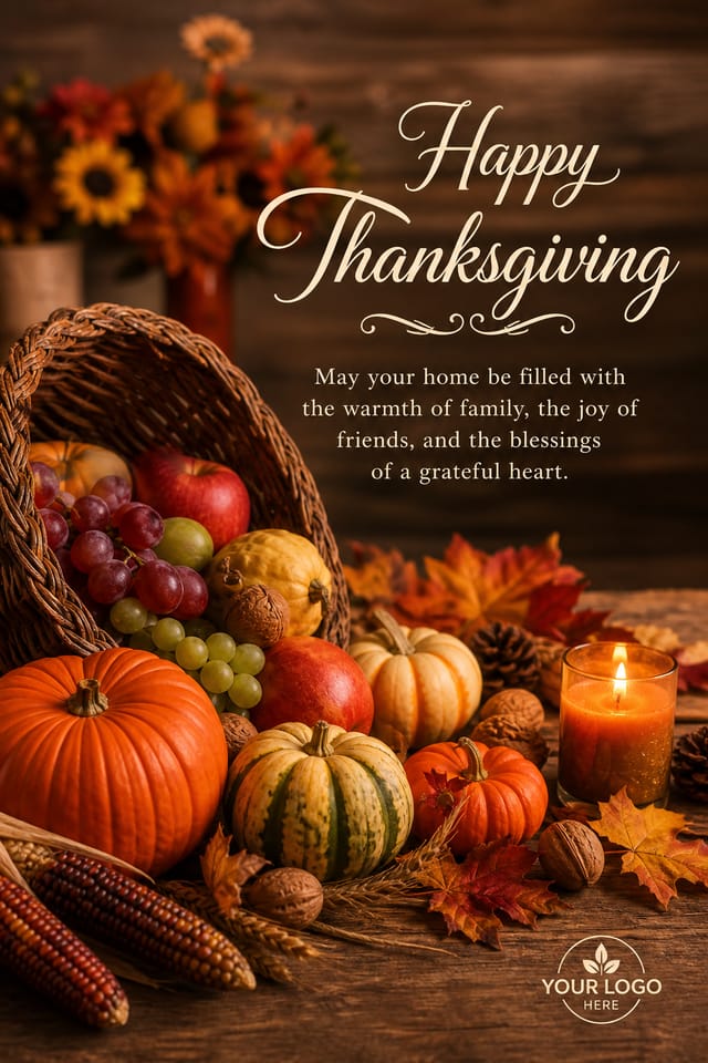 Thanksgiving Card — photo-realistic style card design, featuring autumn harvest, pumpkins, fall leaves, warm browns and oranges, cornucopia