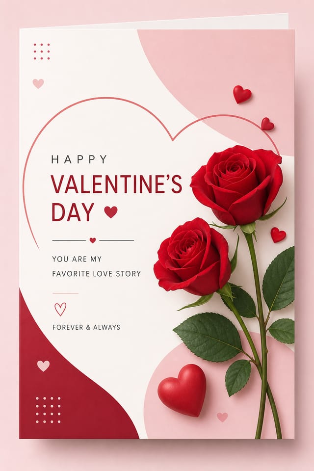 Valentine Card — modern style card design, featuring red roses, hearts, romantic palette, love-themed imagery