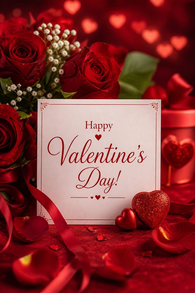 Valentine Card — photo-realistic style card design, featuring red roses, hearts, romantic palette, love-themed imagery