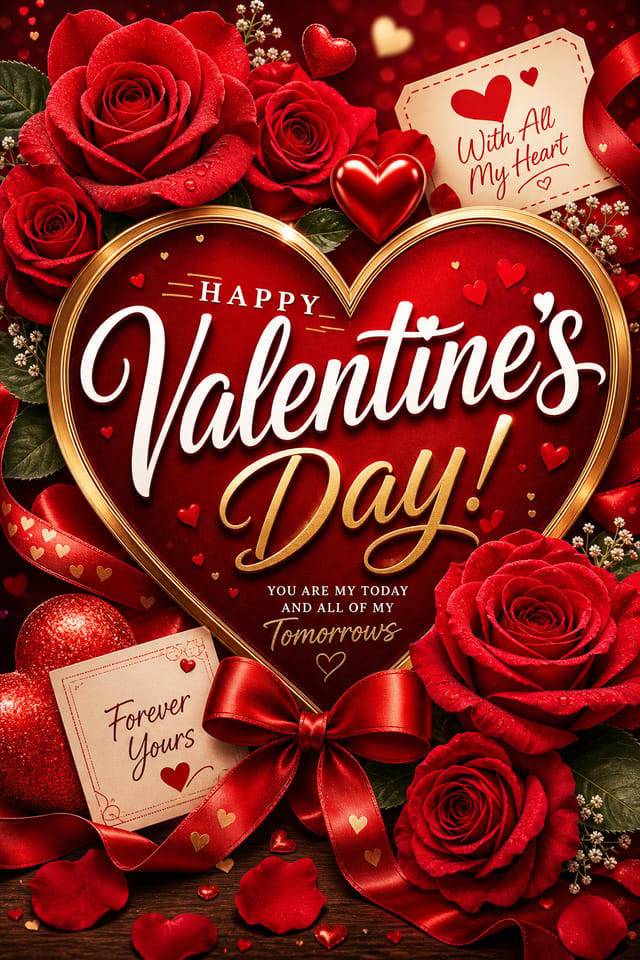 Valentine Card — vibrant style card design, featuring red roses, hearts, romantic palette, love-themed imagery