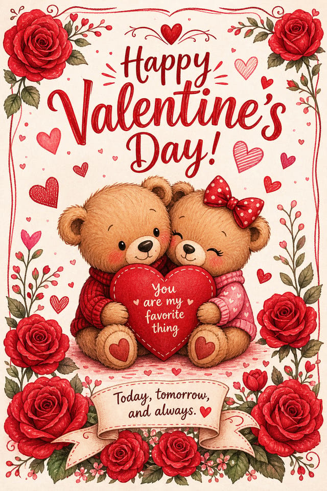 Valentine Card — illustration style card design, featuring red roses, hearts, romantic palette, love-themed imagery