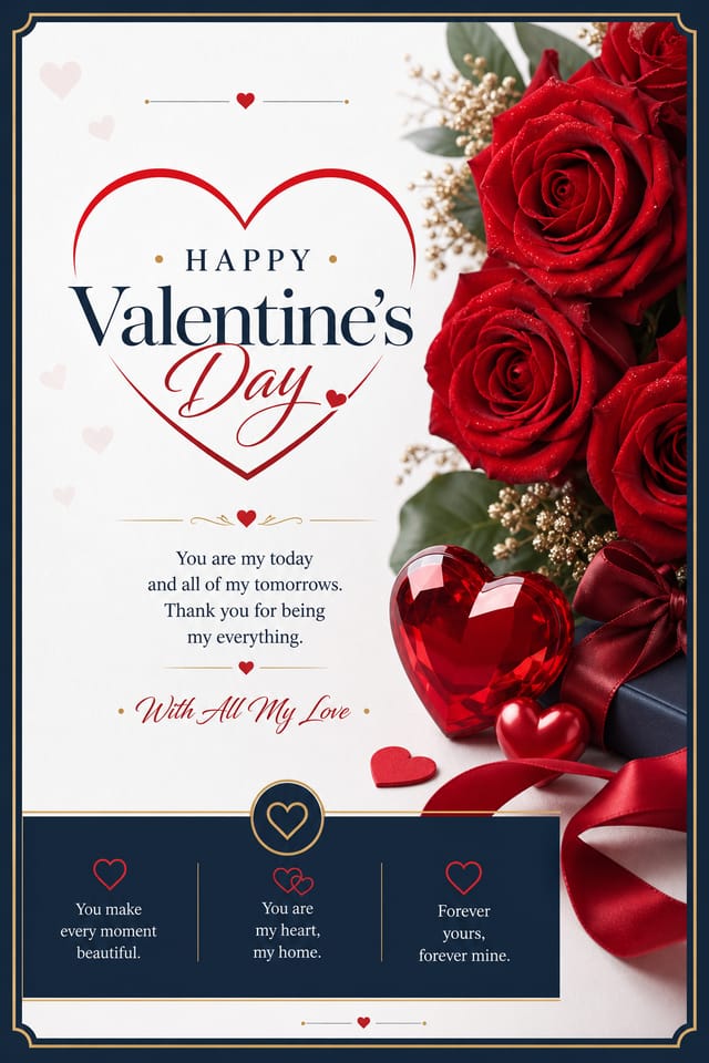 Valentine Card — corporate style card design, featuring red roses, hearts, romantic palette, love-themed imagery