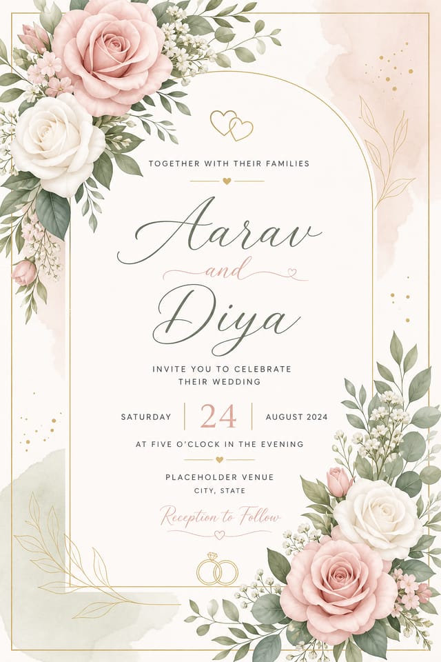 Wedding Card Designs — modern style card design, featuring romantic floral arrangements, soft pastels (blush, ivory, sage), elegant calligraphy