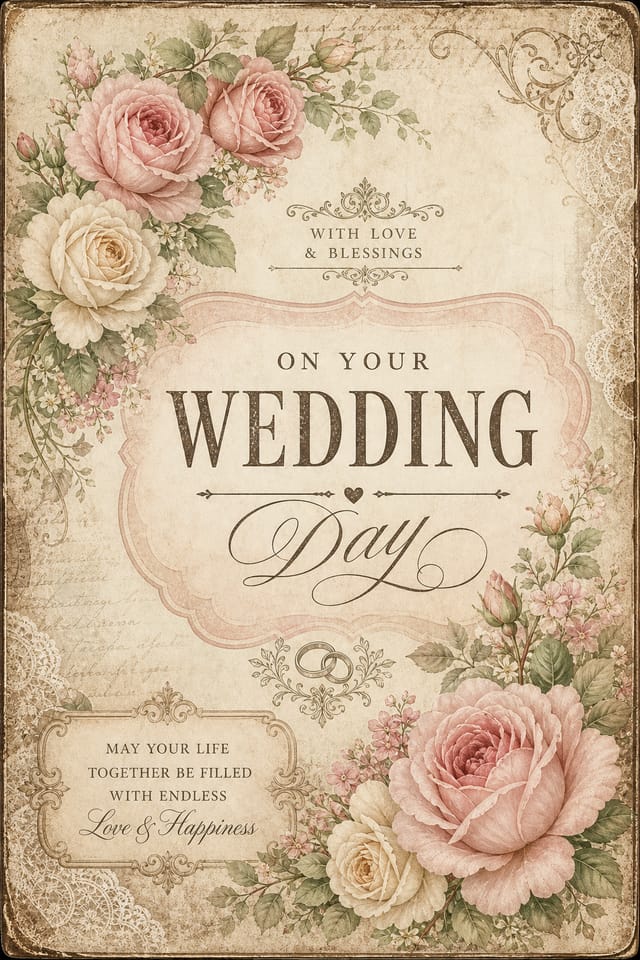 Wedding Card Designs — vintage style card design, featuring romantic floral arrangements, soft pastels (blush, ivory, sage), elegant calligraphy