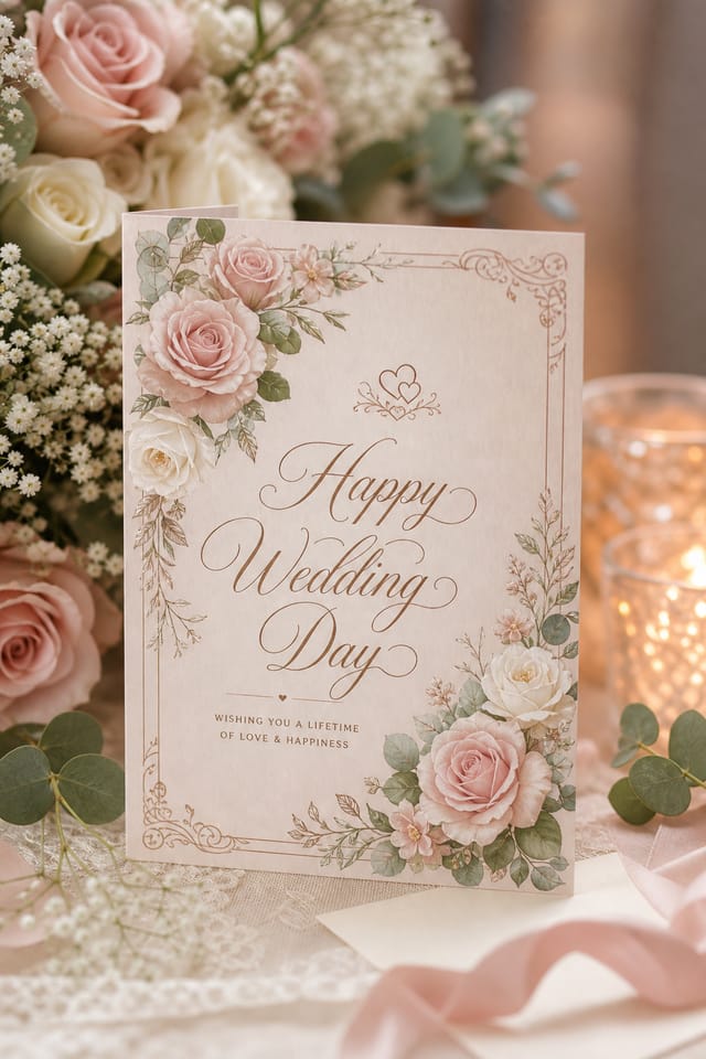 Wedding Card Designs — photo-realistic style card design, featuring romantic floral arrangements, soft pastels (blush, ivory, sage), elegant calligraphy