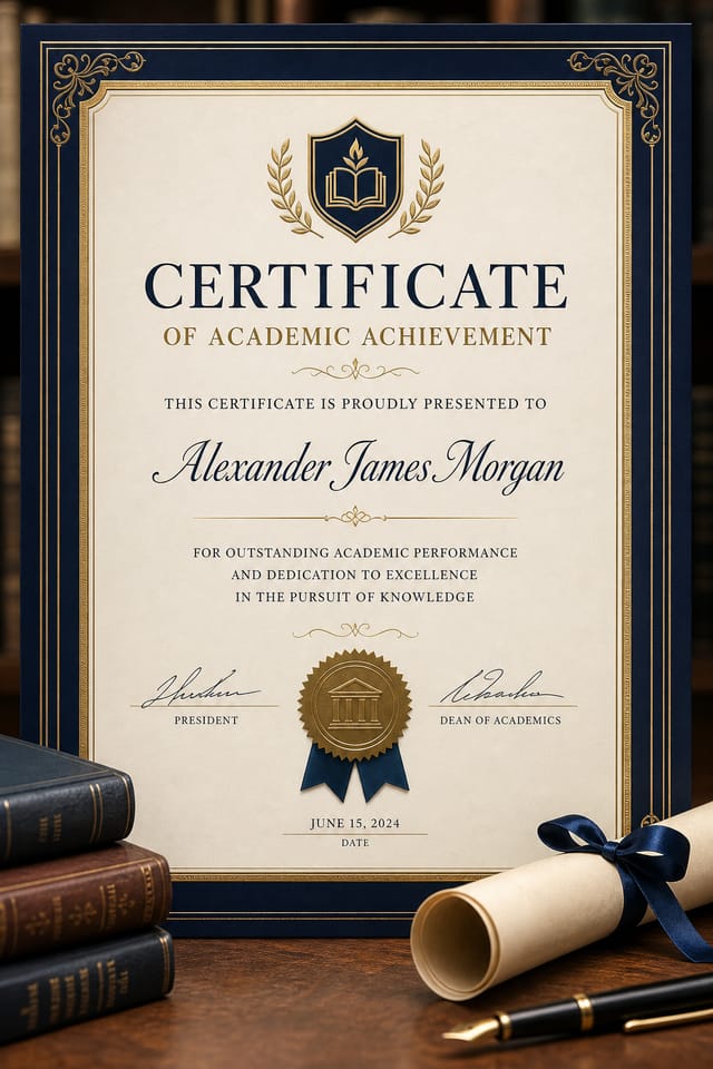 Academic Certificate — photo-realistic style certificate, featuring university imagery, books, scrolls, formal serif typography, navy and gold