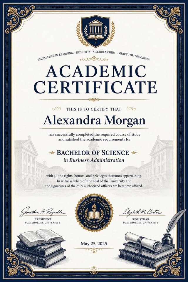 Academic Certificate — corporate style certificate, featuring university imagery, books, scrolls, formal serif typography, navy and gold