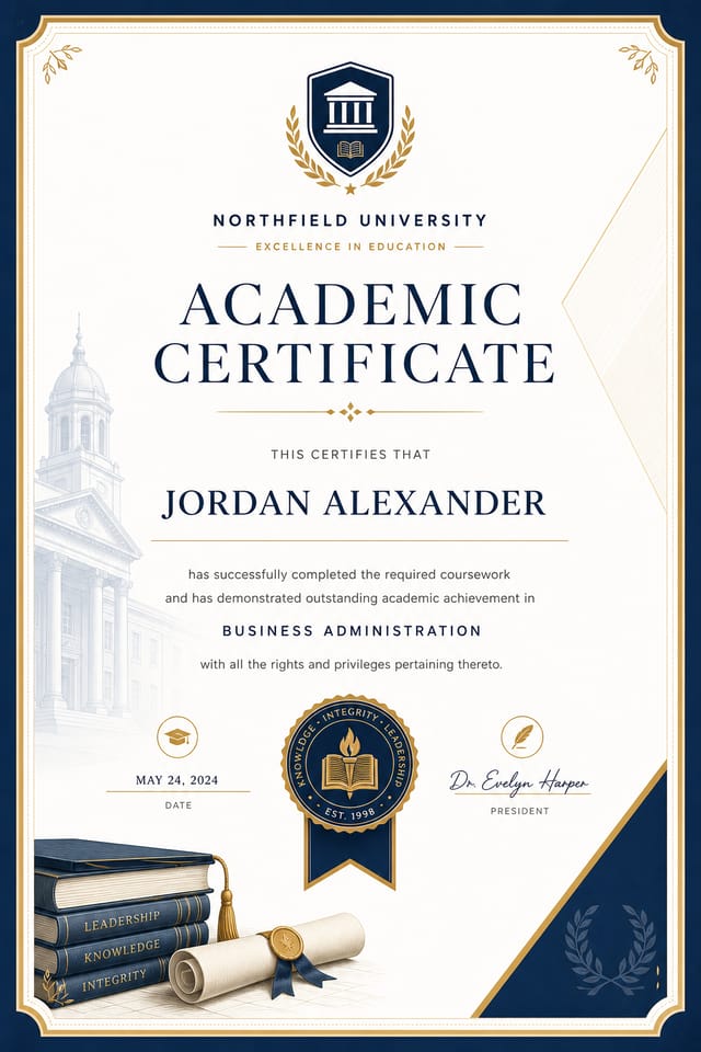 Academic Certificate — modern style certificate, featuring university imagery, books, scrolls, formal serif typography, navy and gold