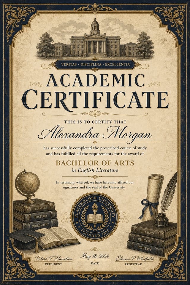 Academic Certificate — vintage style certificate, featuring university imagery, books, scrolls, formal serif typography, navy and gold