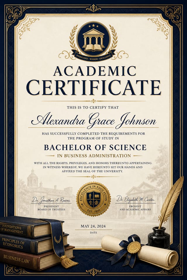 Academic Certificate — elegant style certificate, featuring university imagery, books, scrolls, formal serif typography, navy and gold