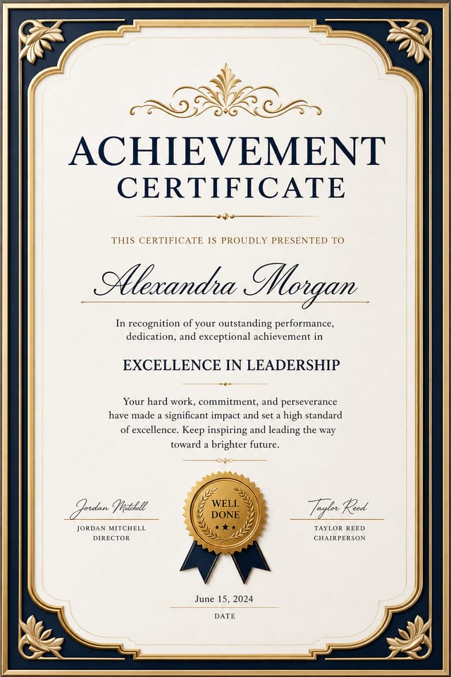 Achievement Certificate — photo-realistic style certificate
