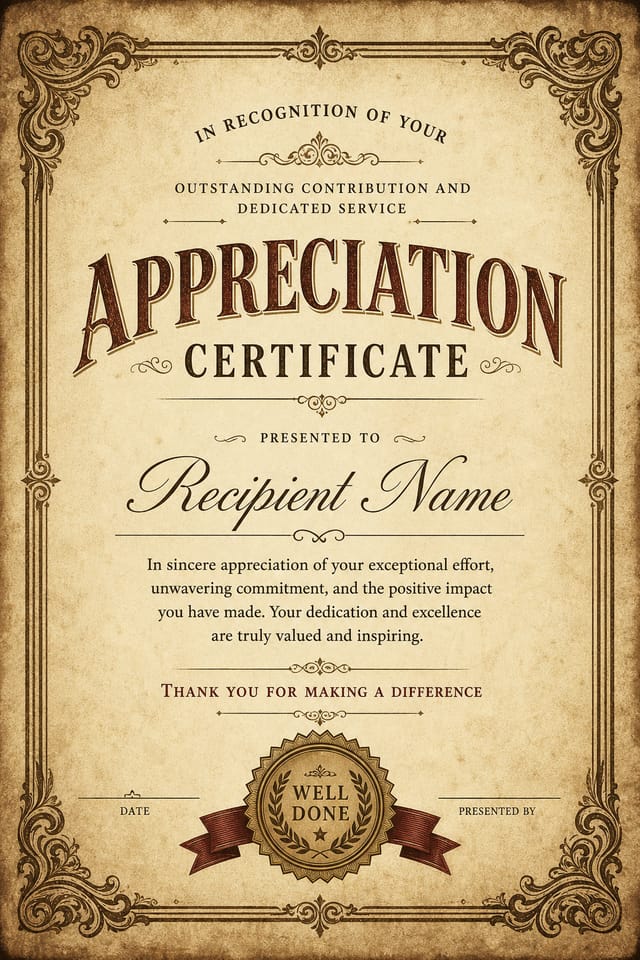 Appreciation Certificate — vintage style certificate